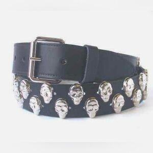 Skull belt black leather silver double row England size Med 32 waist 37” length